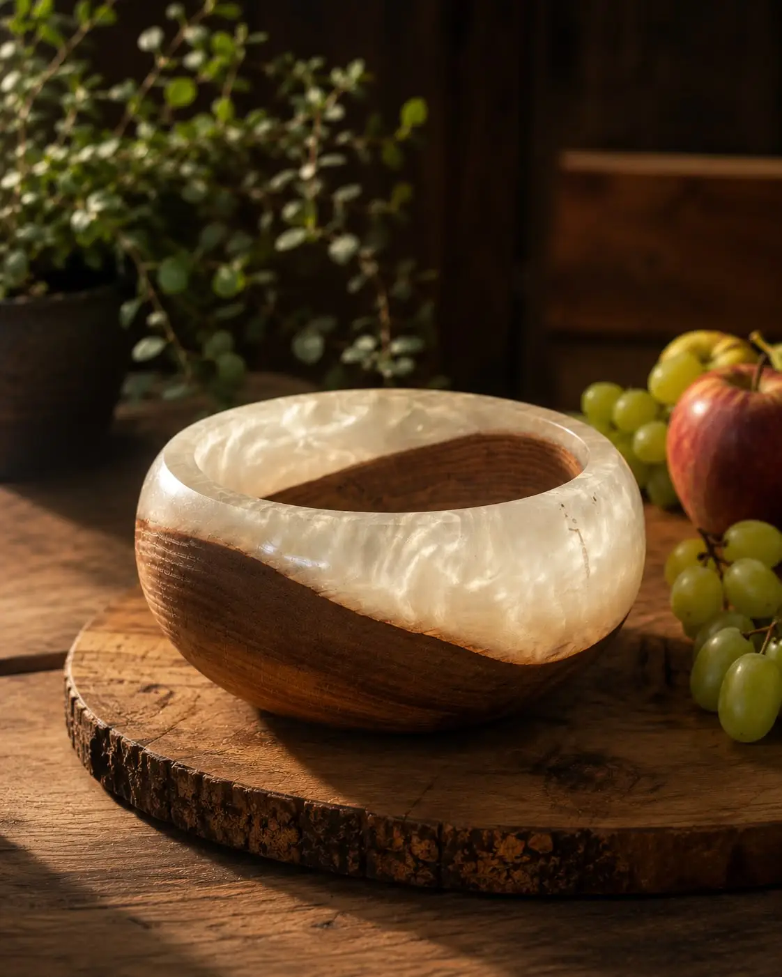 Sculptural wooden bowl styled as a product photograph